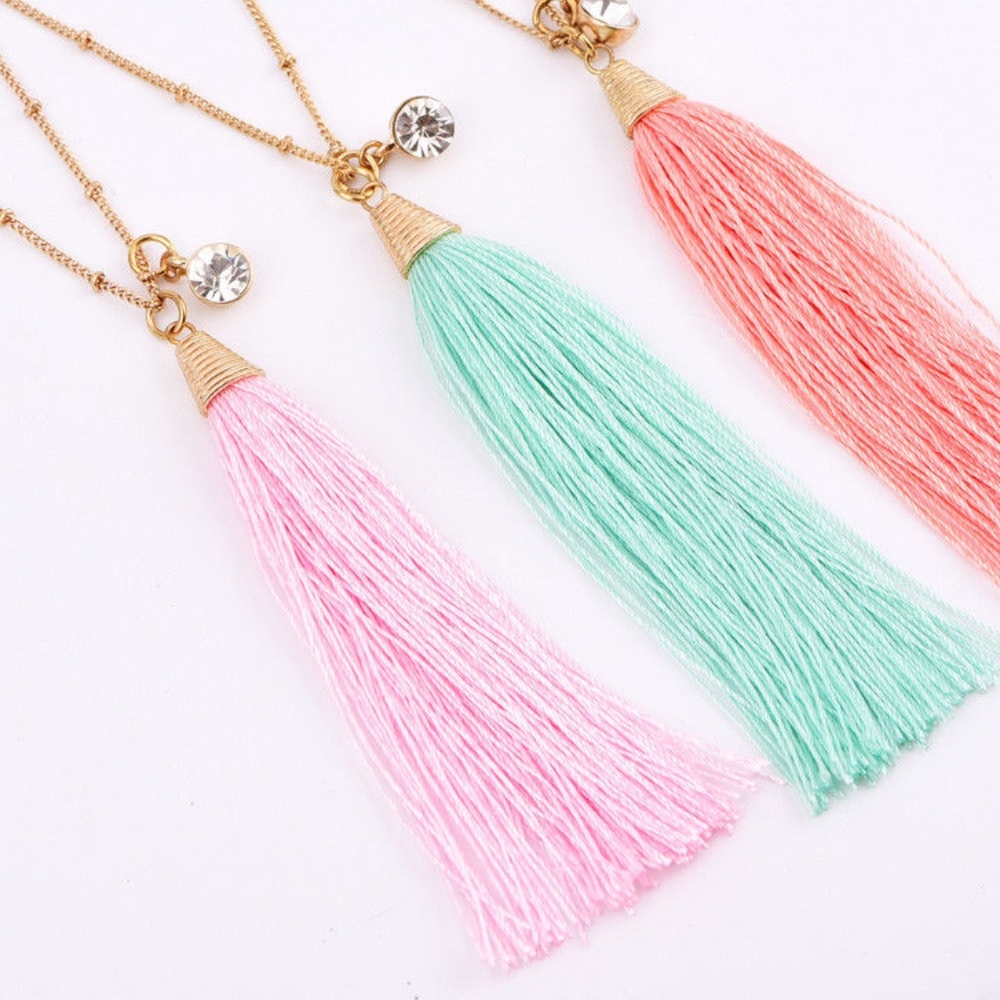 Tassel Necklace Womens Mint Crystal Gold Long Boho